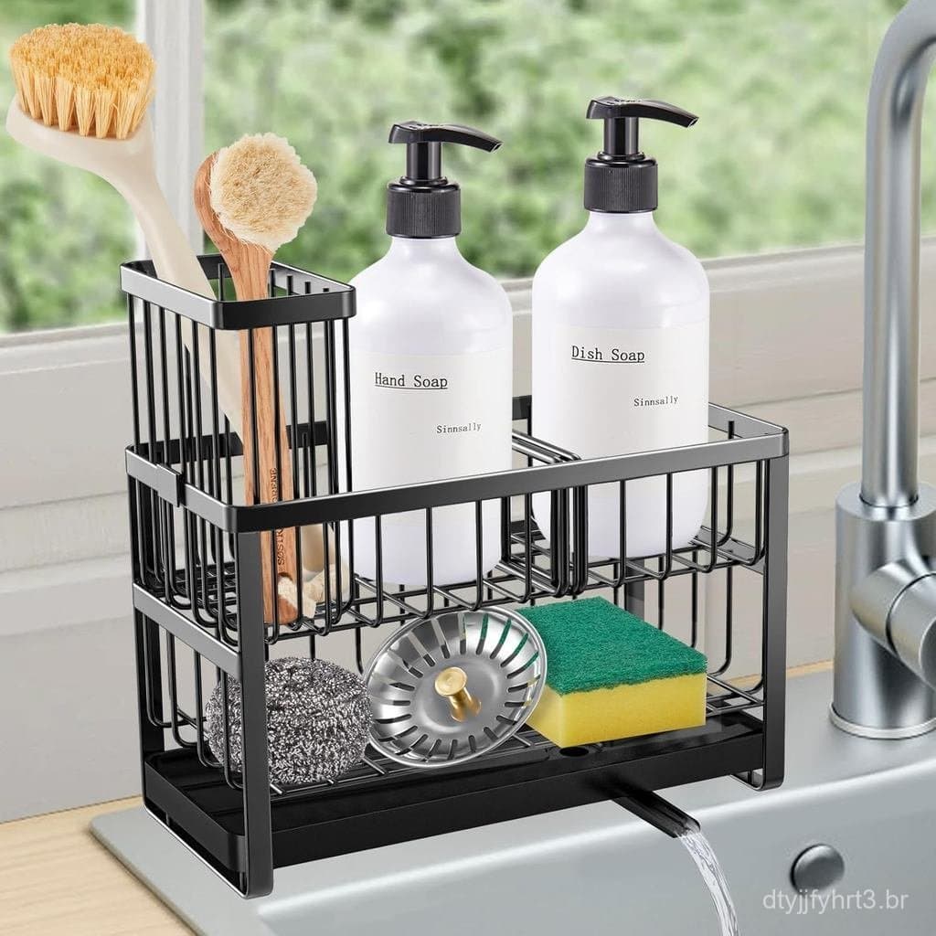 Suporte para Esponja de Cozinha Sinnsally, Organizador de Pia com Suporte para Escovas, Caixa de Pia em Aço Inoxidável,