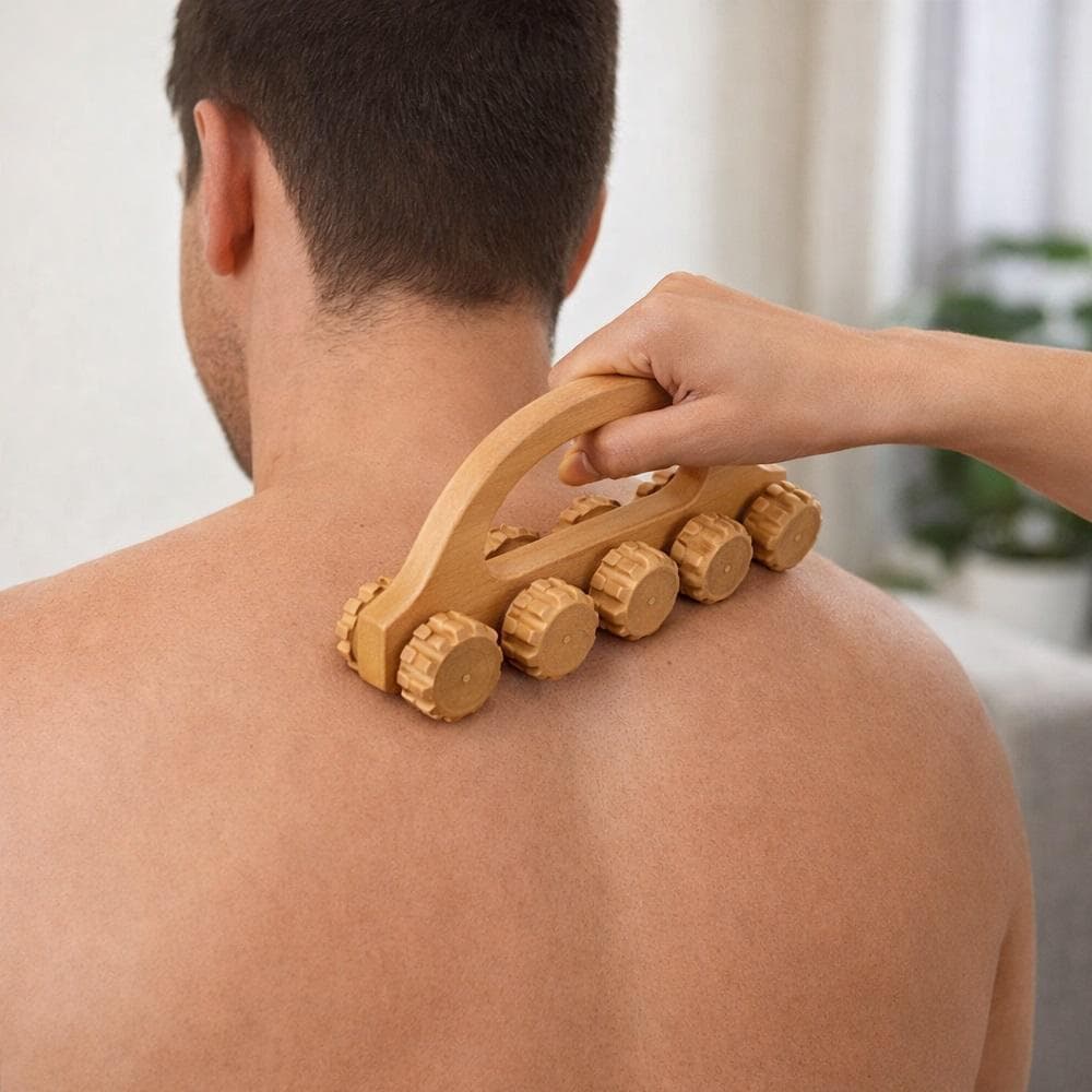 Massageador Bambu 10 Rodas Carrinho Massagem Corporal Madeira Costas Coluna Ombros Relaxamento Antiestresse