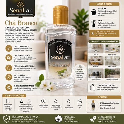 Limpador Concentrado Fragrancia Cha Branco Alta Perfumacao Limpeza Eficiente 120ml