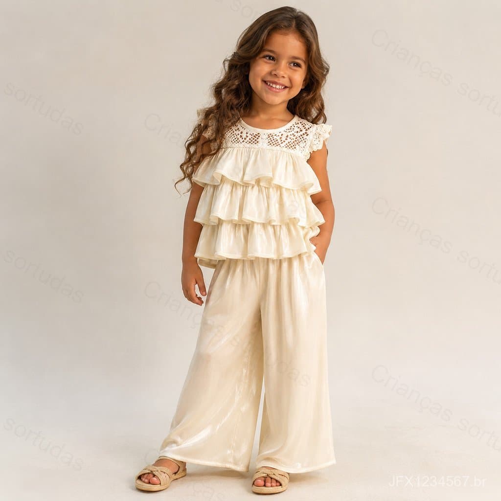 Conjunto de Verão para Meninas, Sem Mangas, com Renda, Calças de Perna Larga, Estilo Princesa, Respirável