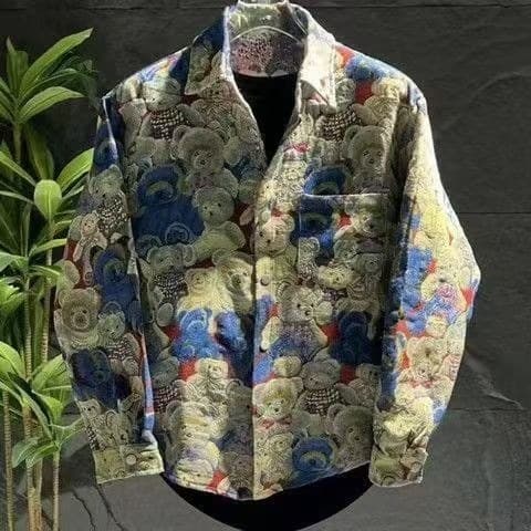 Outono inverno novo estilo na moda urso Jacquard lapela jaqueta com calças conjunto completo masculino moda rufião bonit
