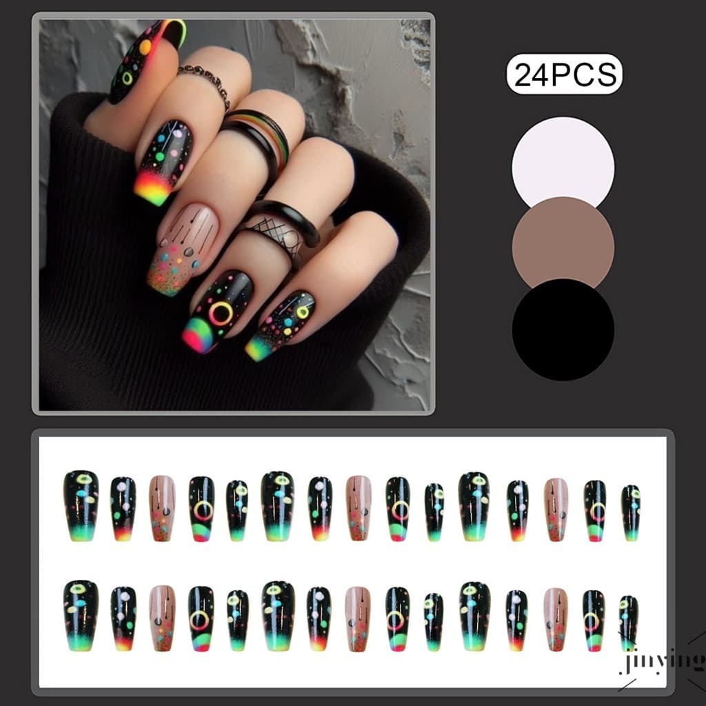 Unhas Falsas Pretas Com Estampa De Arco-Íris , À Prova De Lascas Manchas , Para Mulheres E Meninas , Salão De Beleza