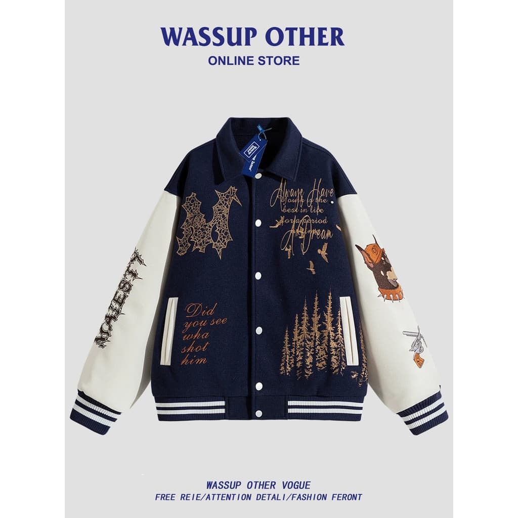 WASSUP OUTRO Americano Bordado Costura Uniforme de Beisebol Masculino Primavera Outono Street Wear Casal Jaqueta de Voo