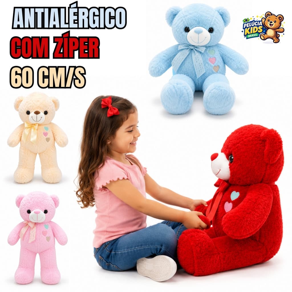 Urso de Pelúcia 60cm Decorativo com Laço, Corações e Toque Ultra Macio