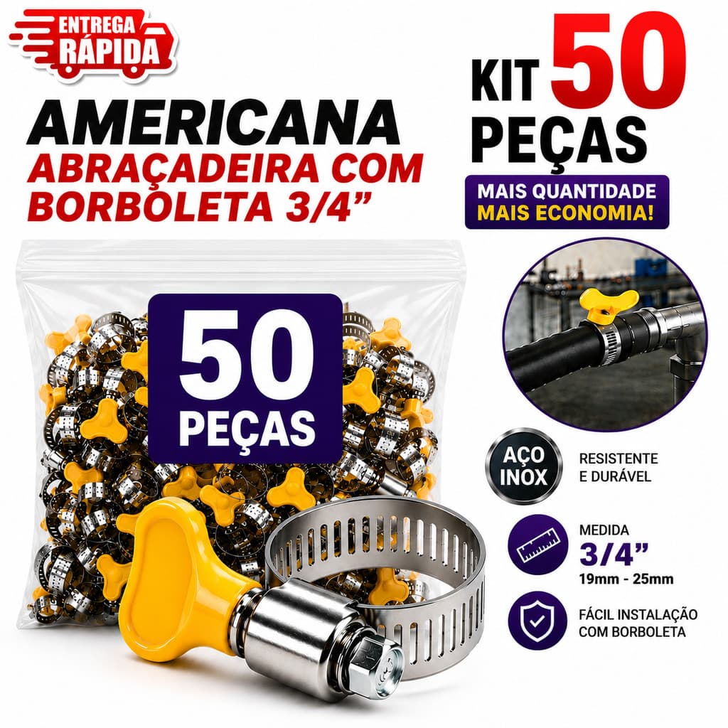 50/40/30/20/10/5 unidade de Abraçadeira Americana em Inox Vazado com Parafuso com Borboleta 13-19mm Premium
