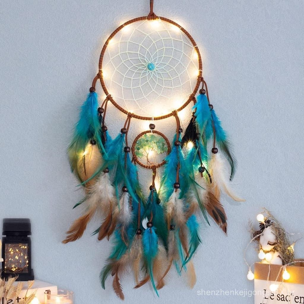 Apanhador de Sonhos Azul Árvore da Vida com Penas, Luzes LED Móveis, Rede Circular Tradicional Indiana Feita à Mão para