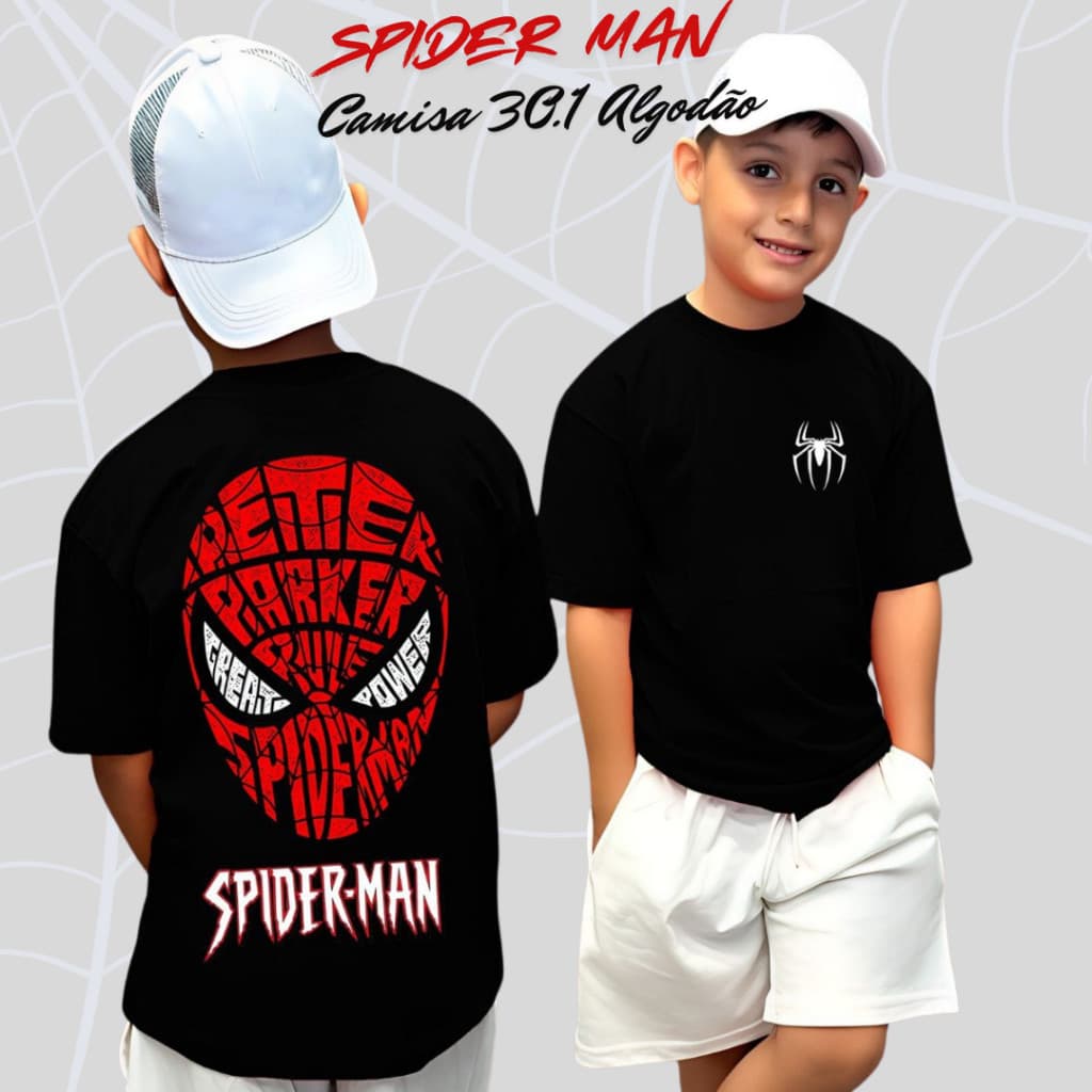 Camiseta Homem Aranha Infantil Manga Curta Algodão Menino Estampada 2 ao 14 Anos