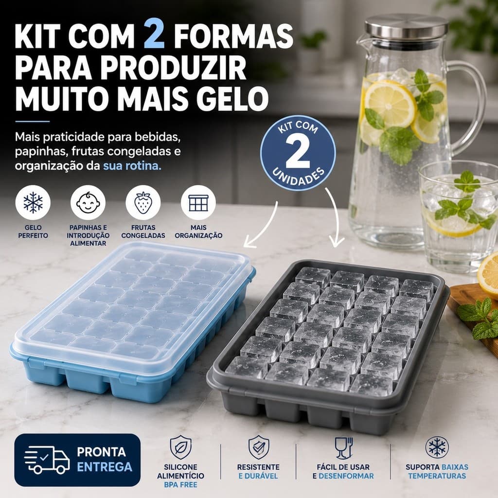 Kit 2 Formas de Gelo Silicone Flexível 24 Cubos com Tampa BPA Free Fácil de Desenformar para Drinks Papinhas e Freezer