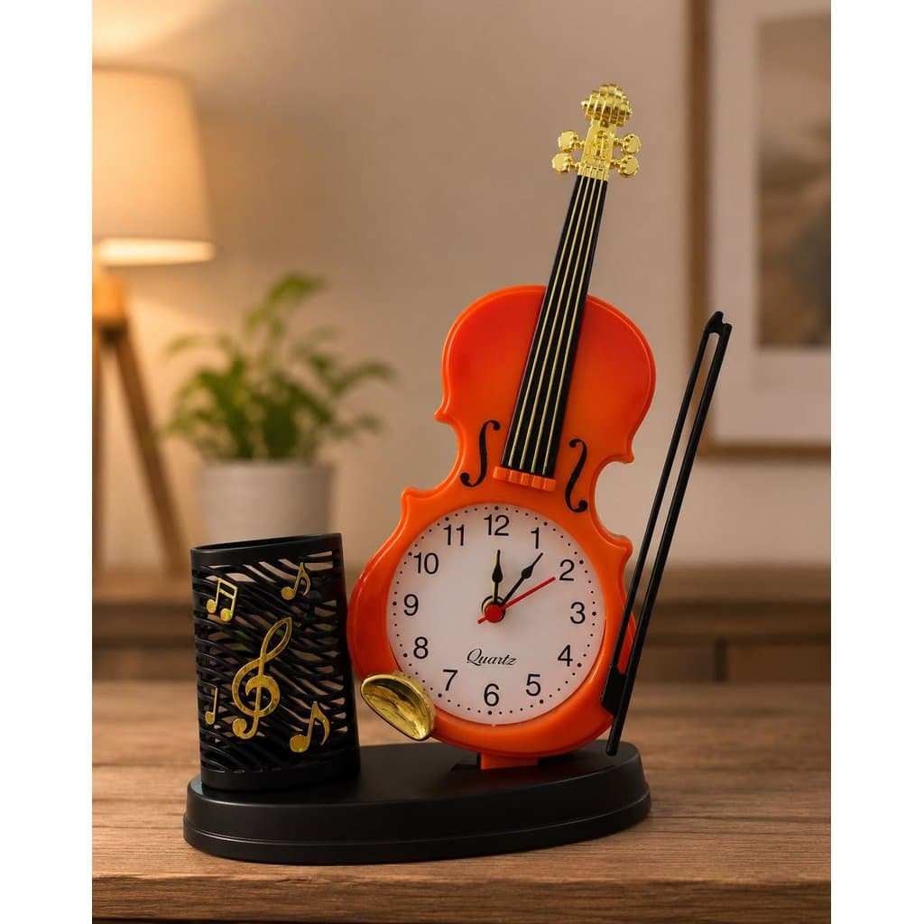 Relógio Porta Canetas Violino Decorativo Organizador de Mesa Porta Lápis Escritório Home Office Decoração Presente