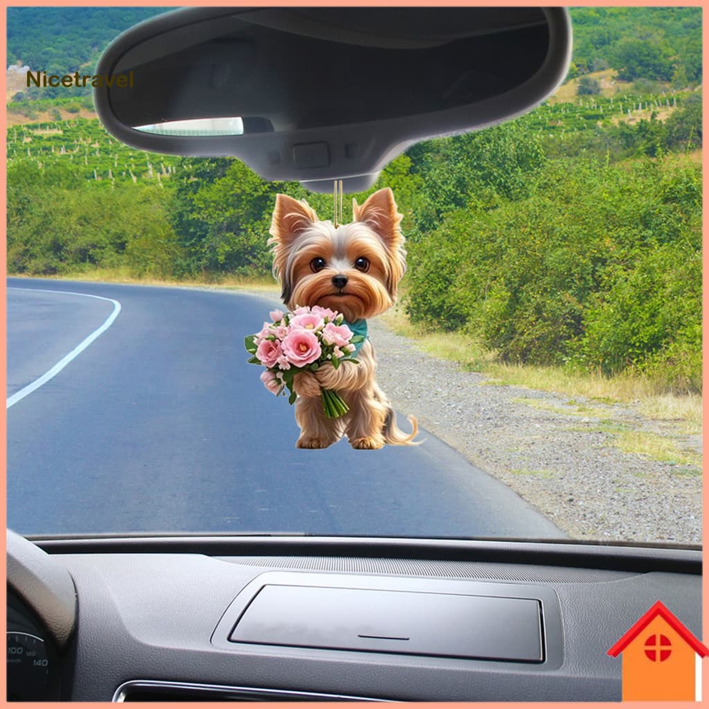 Lightweight Car Charm Pendant 2d Puppy with Flower Christmas Tree Hanging Rearview Mirror Window Bag Decoration Keychain