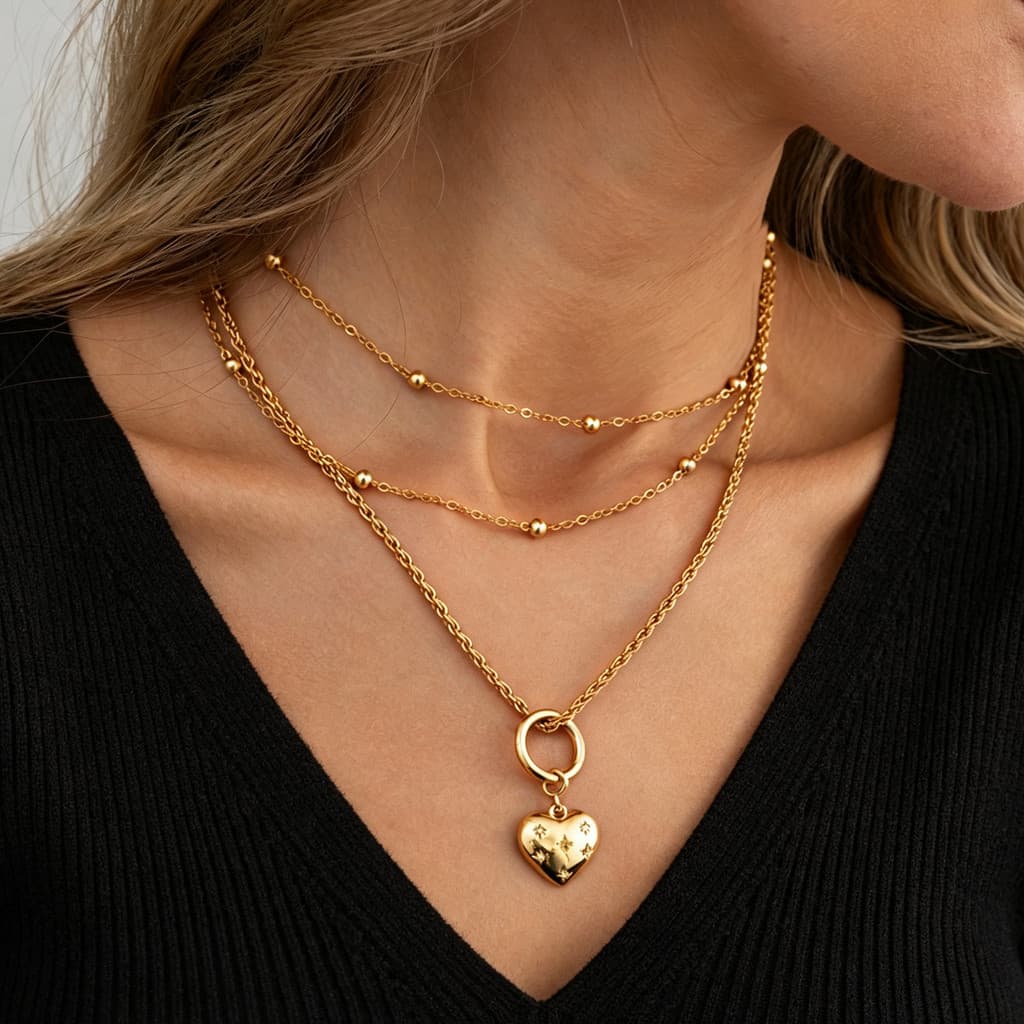 Colar Feminino Pingente Coração Cravejado Estilo Ins Doce Multi Camadas de Contas Moderno Elegante