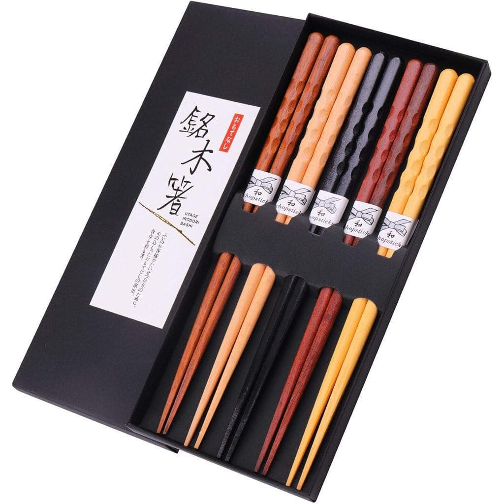 GLAMFIELDS Conjunto de 5 Pares de Hashis Japoneses Reutilizáveis de Madeira Natural, Estilo Clássico, Leves, Esculpidos