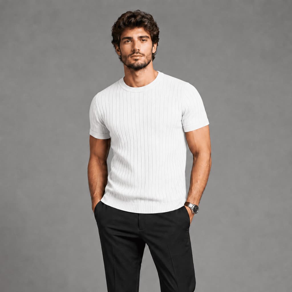 Camiseta de Tricô Canelada Masculina Manga Curta Leve Básica Gola mid Slim Premium Casual Social Estilo Old Money