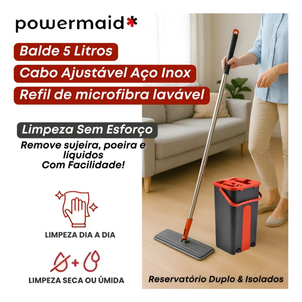 Flat Mop Rodo Plano Sistema Lava Seca Balde Refil Extra Limpeza Prática Doméstica