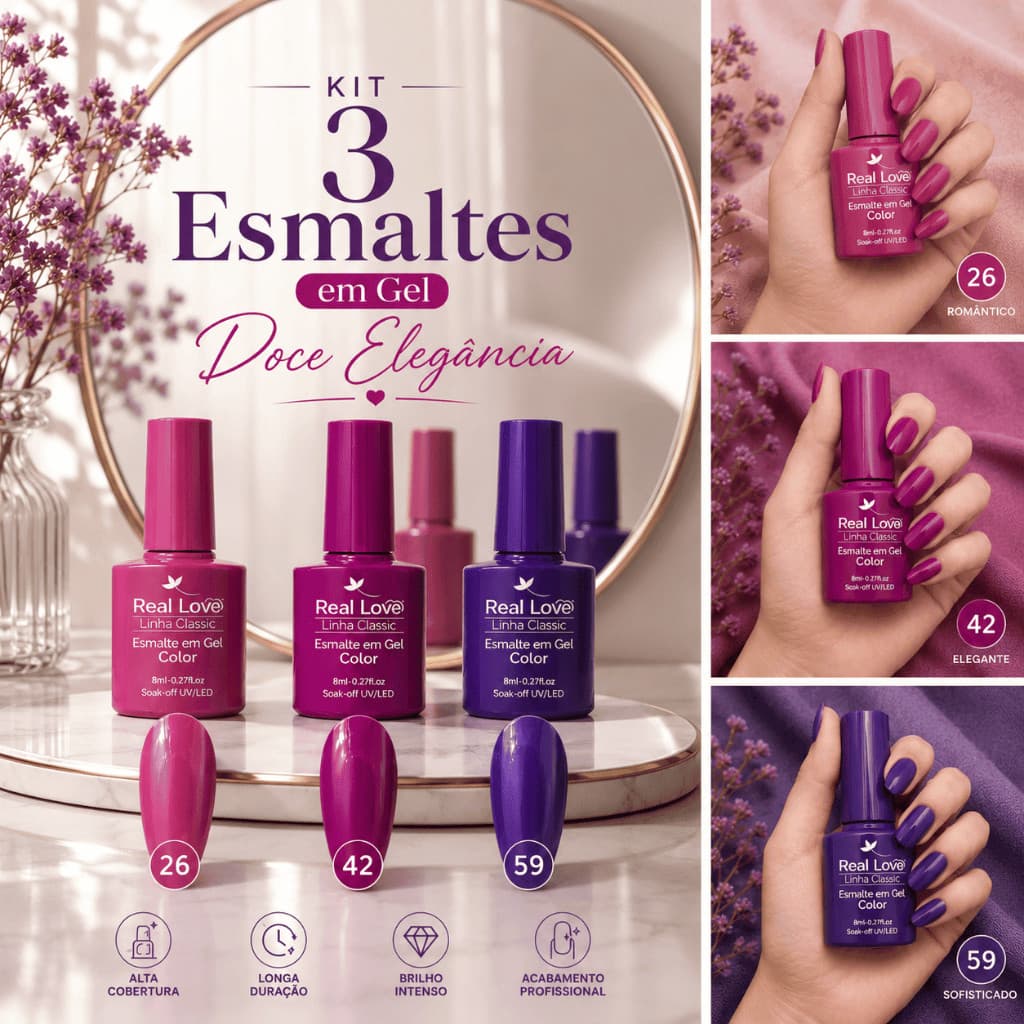 Kit 3 Esmaltes em Gel Real Love 8ml Tons Sofisticados UV/LED Cores 26 42 59
