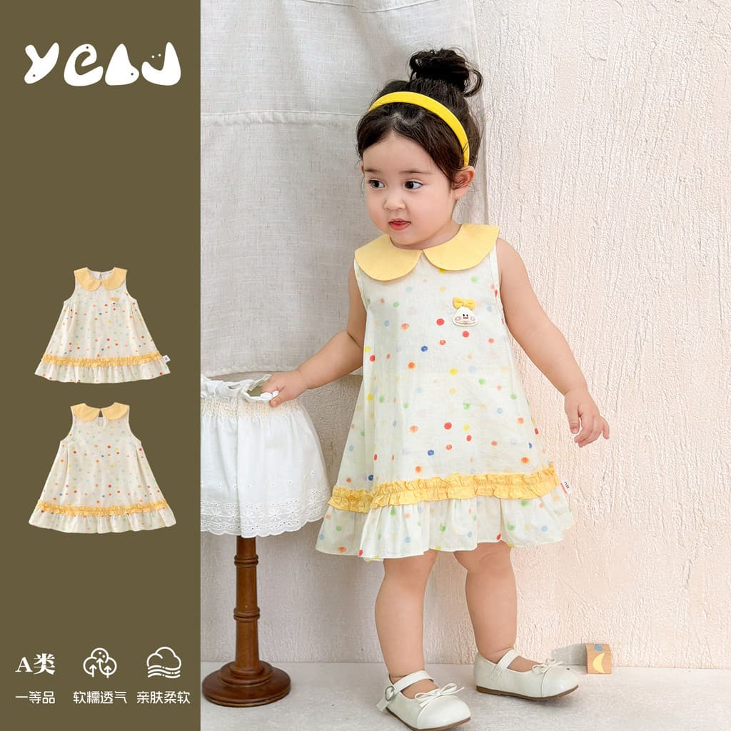 Meninas vestido de verão 2026 bebê menina macacão doce macio bonito gola boneca colorido bolinhas macacão