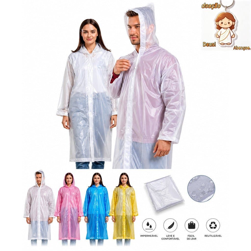 Capa de Chuva Impermeável Com Capuz EVA Reutilizável Unissex Transparente Leve Portátil Várias Cores