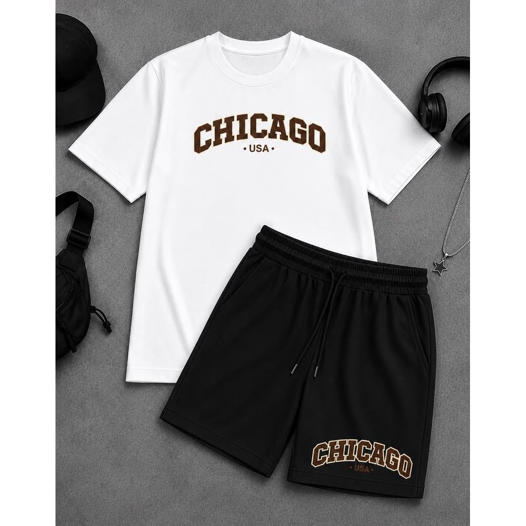 Kit Camiseta Branca e Bermuda Preta Chicago USA Streetwear Casual Unissex Conjunto Verão Premium