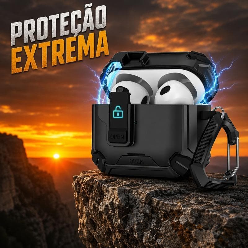Capa Tática Militar Compatível com Airpods 4 / Pro 2 com Trava de Segurança Estojo de Proteção