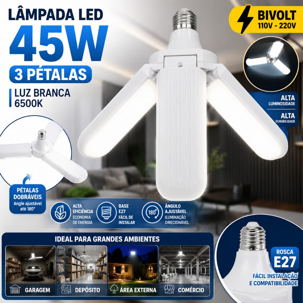 Lâmpada LED Dobrável 45W 3 Pétalas E27 Bivolt 6500K Alta Luminosidade para Garagem Oficina Depósito