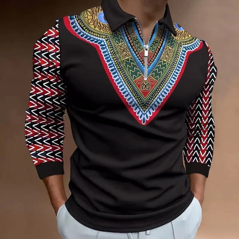 Camisa Polo Casual Masculina, Moda, Gola Reversível, Zíper, Manga Longa, Camisa Polo para Primavera e Outono, Camiseta E