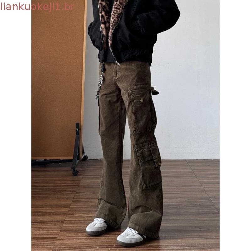 Calças Femininas de Inverno Estilo Retrô Americano, Calças Cargo de Corduroy de Cintura Baixa, Calças Flare Coreanas