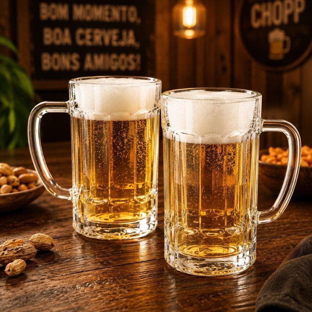 KIT 2 CANECAS CHOPP VIDRO GROSSO 390ML COPO CERVEJA GRANDE JOGO MADRID BAR GOURMET ALCA REFORCADA TRANSPARENTE RESISTENT