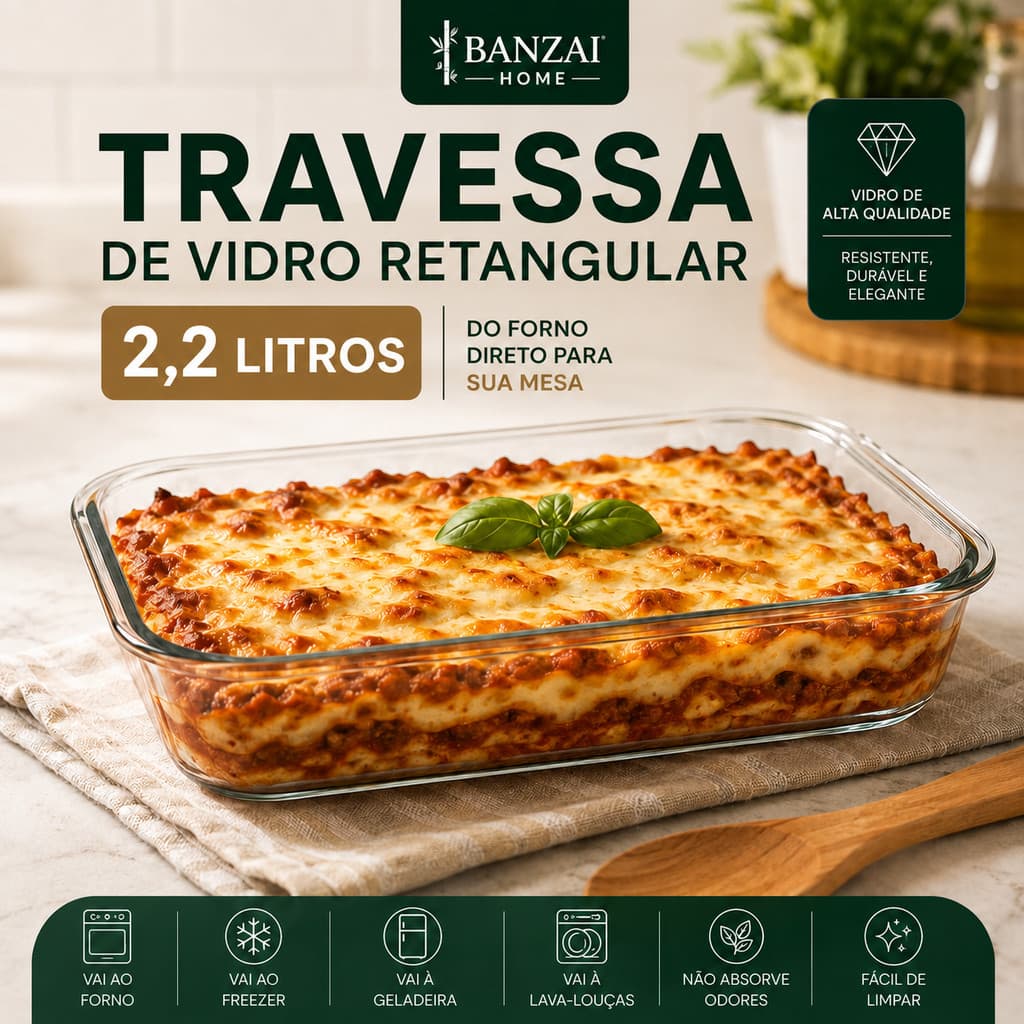 Travessa de Vidro Retangular 2,2L Forno Mesa Sobremesa Geladeira