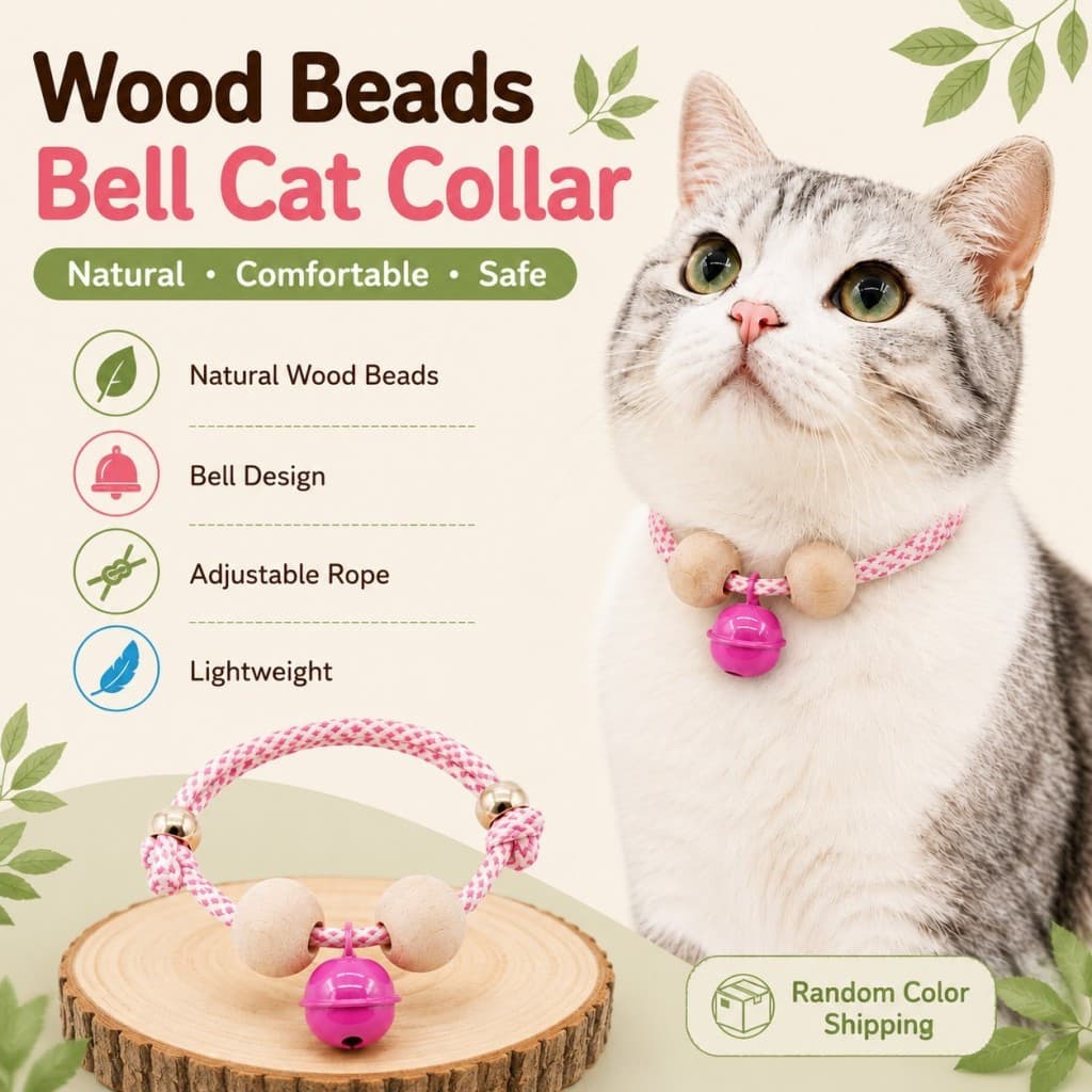 Coleira Ajustável para Gatos com Sino, Contas de Madeira Natural, Coleira de Corda Leve para Gatos e Gatinhos