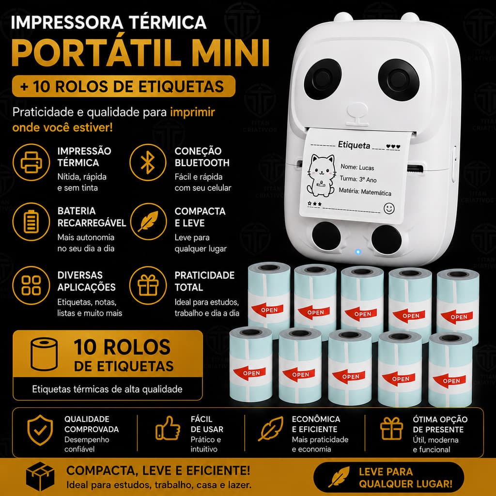Mini Impressora De Etiquetas Bluetooth Com 10 Bobinas Extra