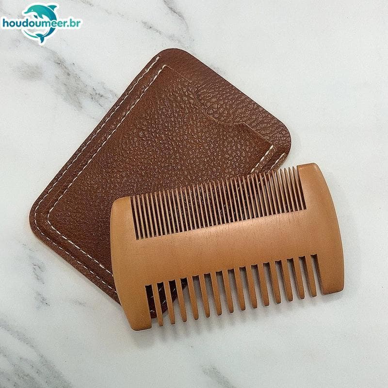 Pente Para Barba De Madeira Natural HOUDO Com Estojo De Couro-Presente Antiestático Cuidados Masculinos