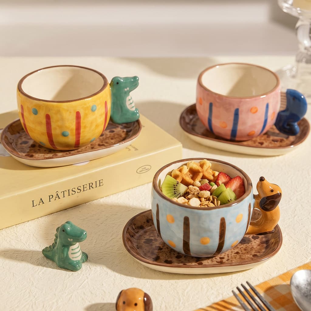 Estilo Retro dos desenhos animados de alto valor estilo ins xícara de café pires conjunto forma Animal copo de cerâmica