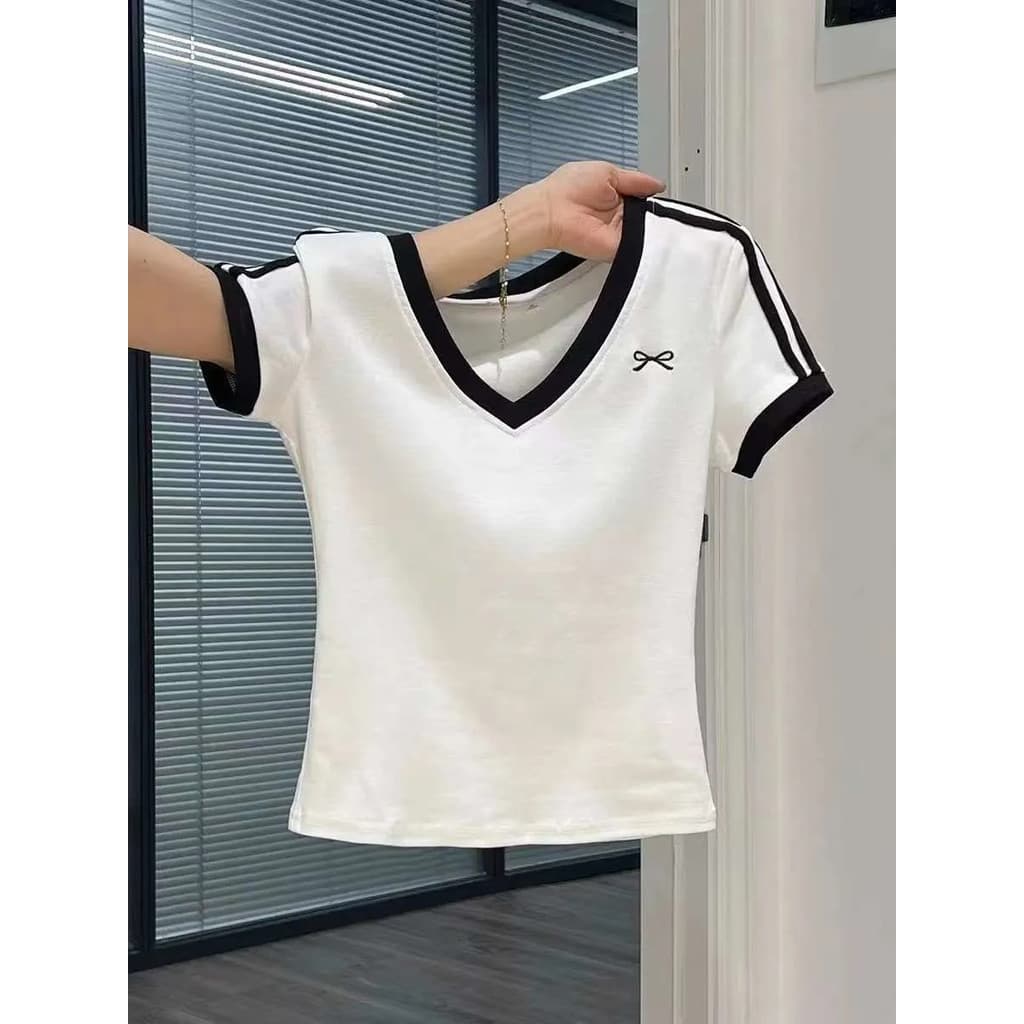 Americano Retro três barras frente ombro de manga curta camiseta feminina verão Design nicho arco impresso curto topo