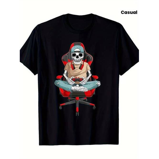 Camiseta Masculina Design Retro Esqueleto Gamer Controle PC Preto Confortável Estilosa Divertida Retrô