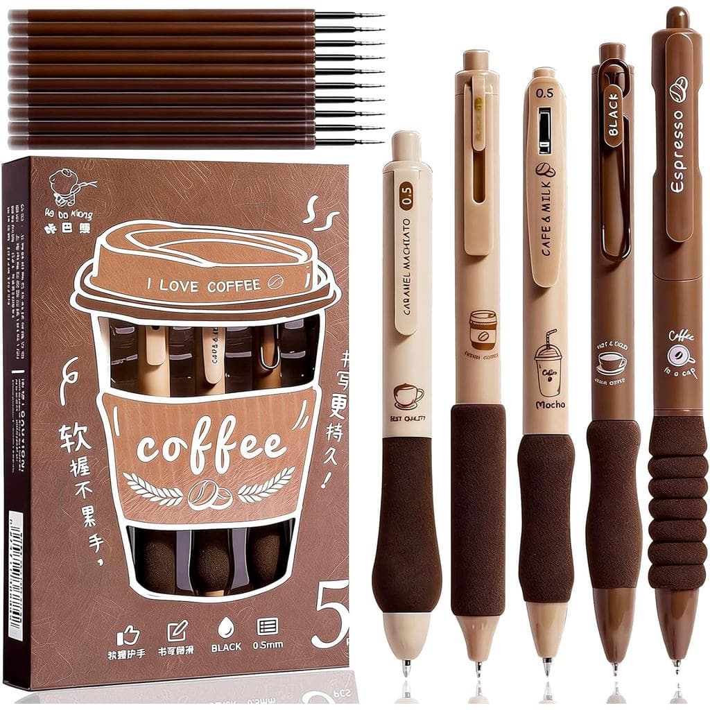 5 Canetas Cor de Café, 10 Recargas de Caneta Preta Retrátil de Secagem Rápida com Ponta Fina de 0,5mm, Canetas Únicas pa
