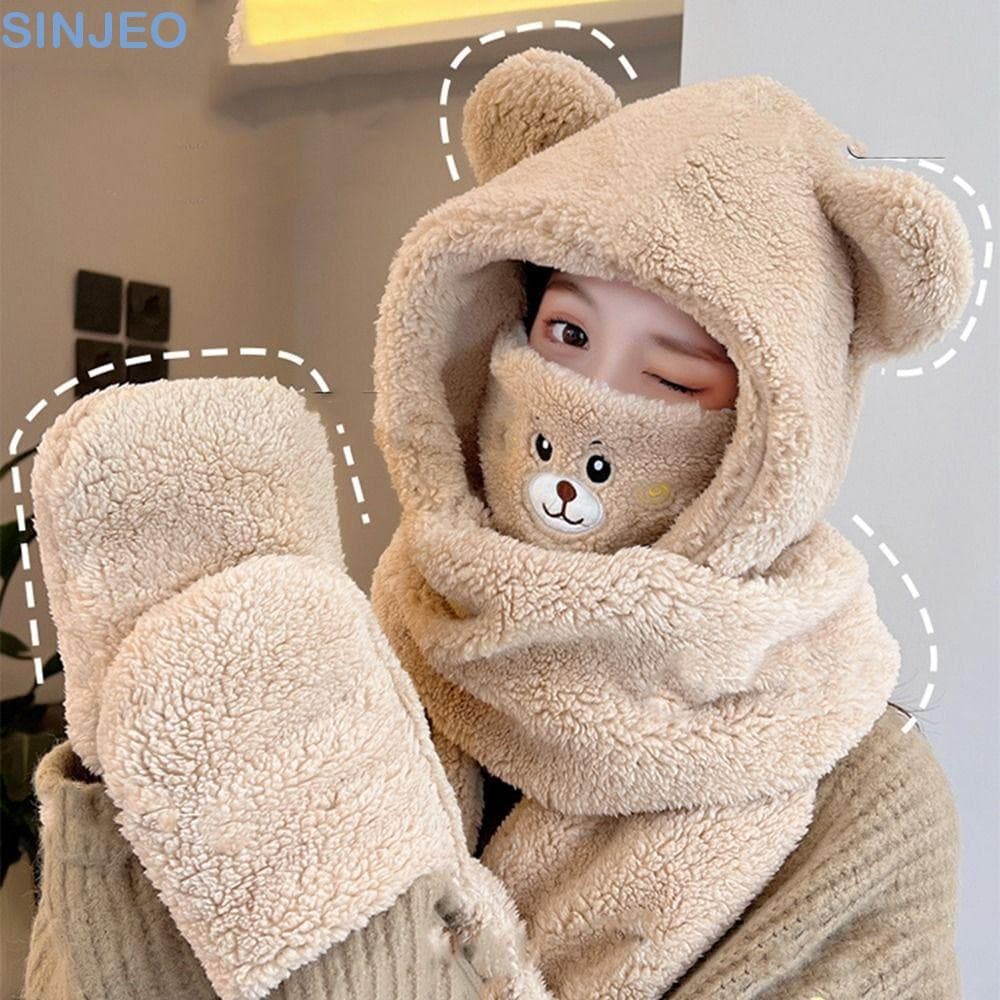 Desce Feminino Chapéu De Pelúcia Quente Confortável Orelhas De Urso Com Protetores De Orelha Máscara Proteção De Ouvido