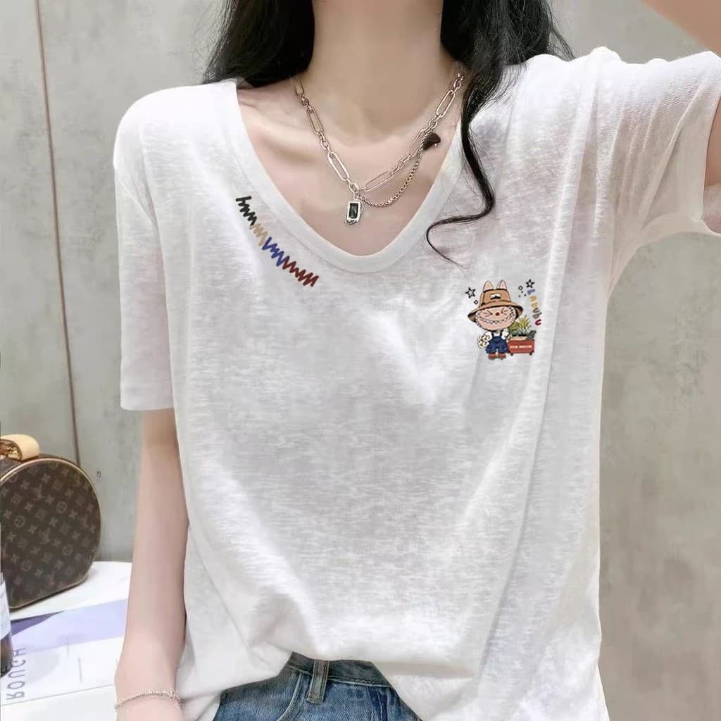 Solto Slub algodão verão branco manga curta camiseta feminina tamanho grande fino com decote em v meia manga algodão lin