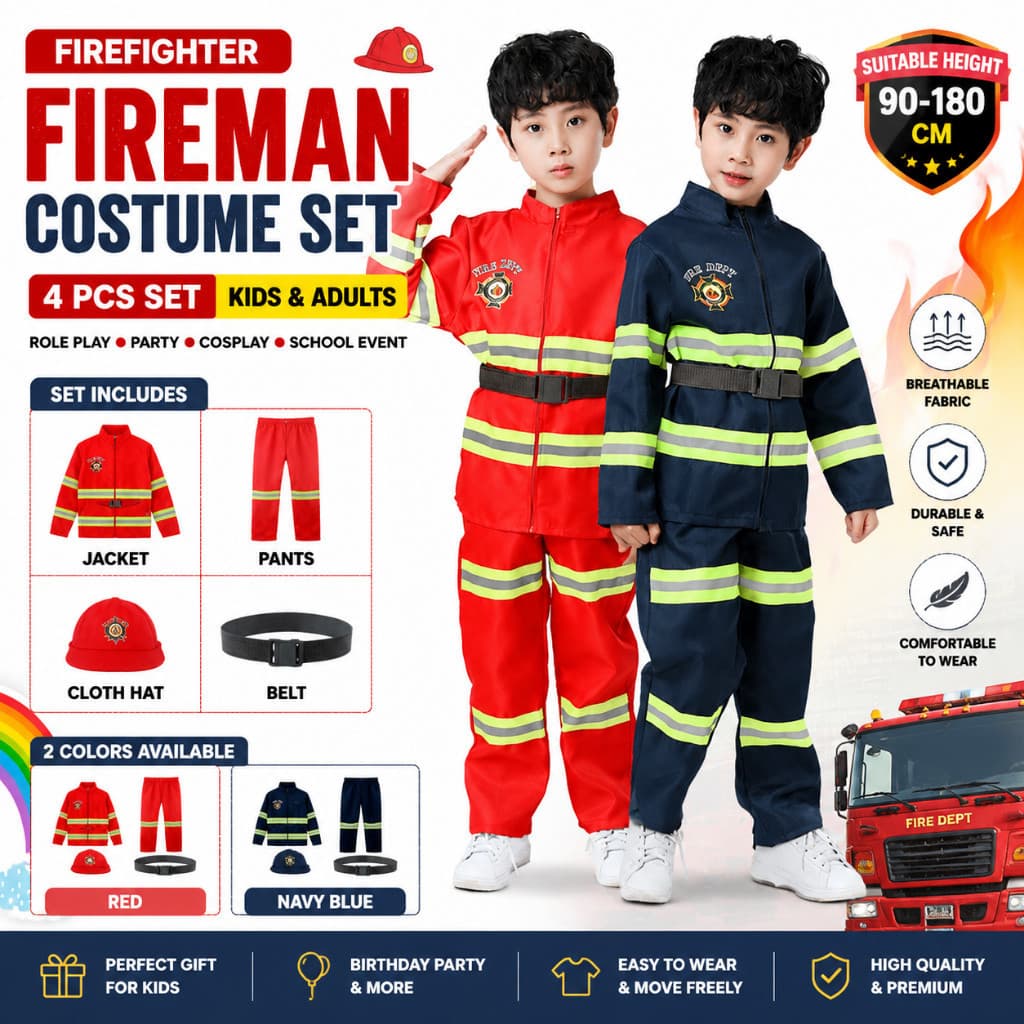 Fantasia de Bombeiro Infantil Congme, Conjunto de 4 Peças para Festa de Role Play para Adultos, Jaqueta, Calças, Cinto e