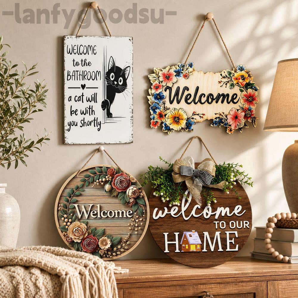 LANFYGOODS 2D Redondo Sinal De Boas-Vindas , Placa De Porta Redonda Plana 2D Estilo Retro Suspensão Para Casa Quente Com