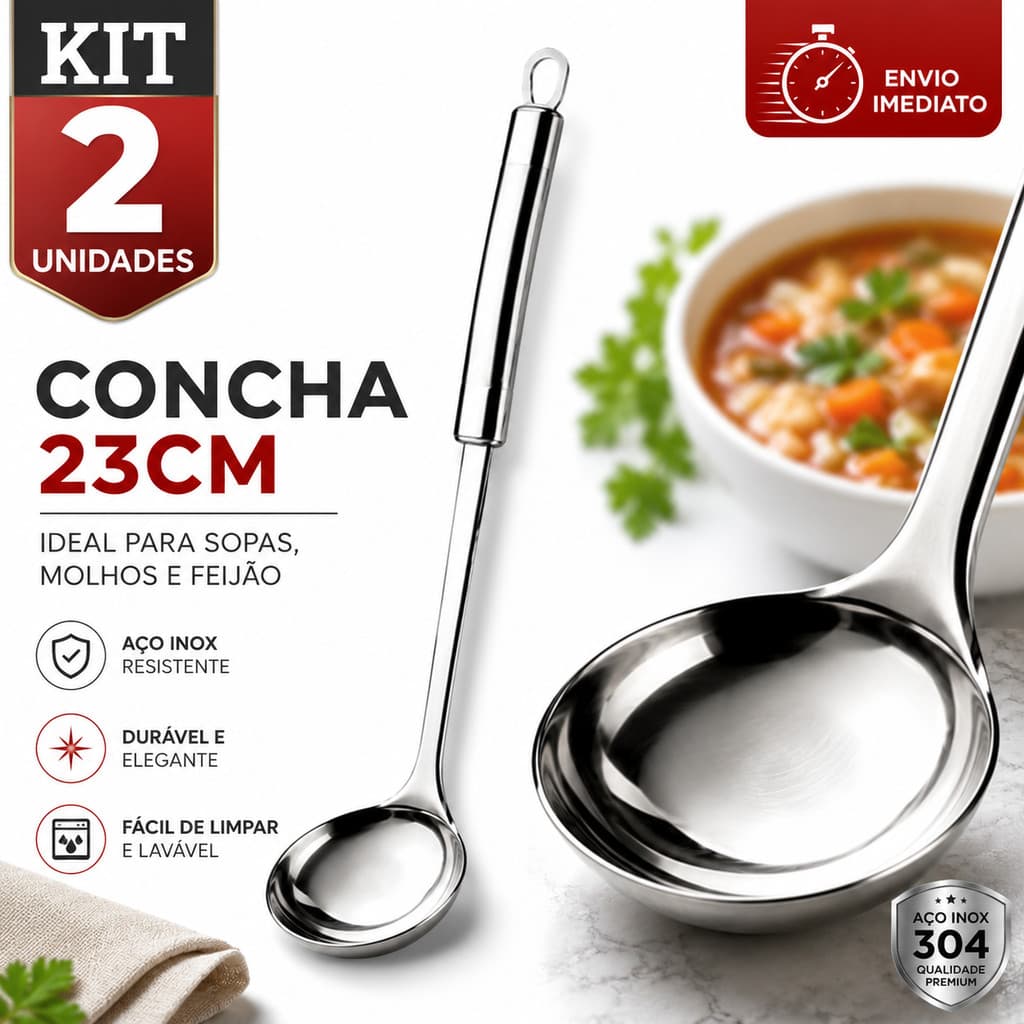 Kit 2 Conchas 23cm Aço Inox Feijão Sopa Molhos Restaurante Profissional Utensilios Cozinha
