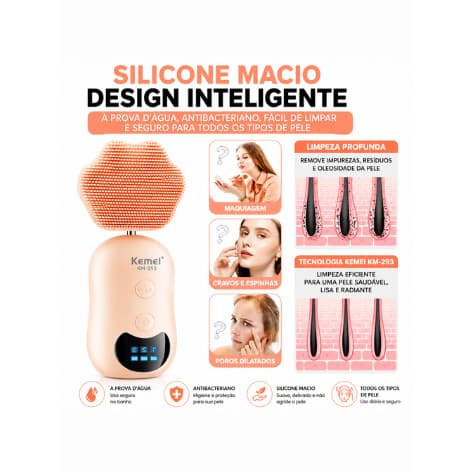 Escova Facial Elétrica Kemei KM-293 Silicone Sônica Massageadora Recarregável USB Limpeza Profunda