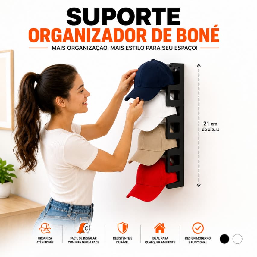 Suporte Organizador De Bonés Prático Portátil Sem Furos/ Fácil De Instalar Fita Dupla Face