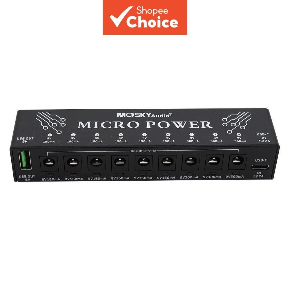 Mosky Micro Power 9 saídas DC + 1 saída USB Fonte de alimentação de pedal de efeito para pedais de guitarra 9V