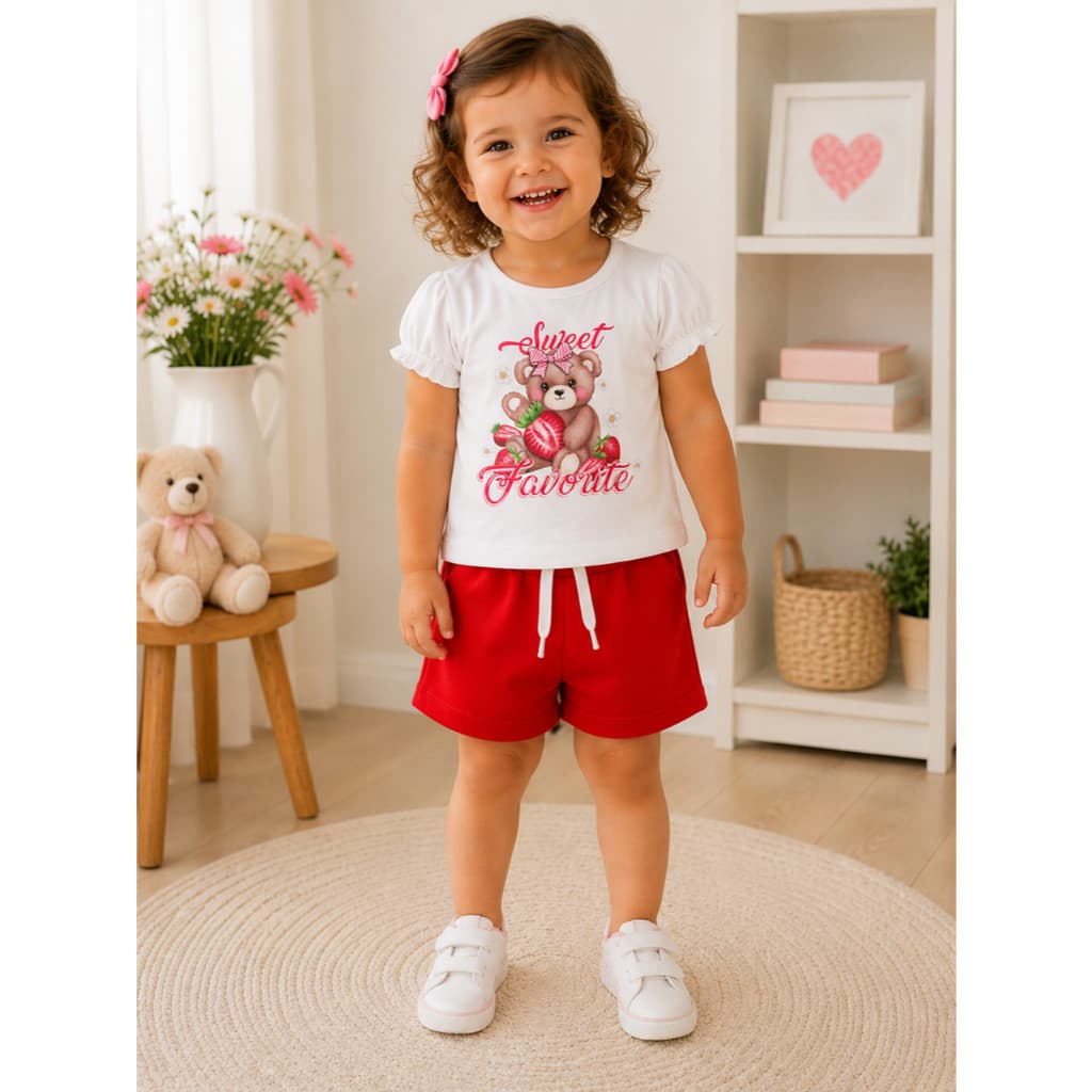 Conjunto Infantil Blusa Malha Mangas Princesa com Estampa e Bermuda Moletinho Clochard Com Cadarço