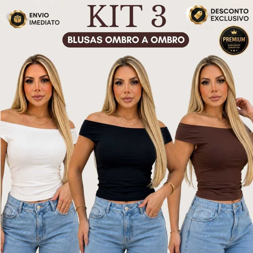 Kit 3 Blusas Ombro a Ombro Casual Basico Sem Manga Suplex Premium Forrada Dia a Dia