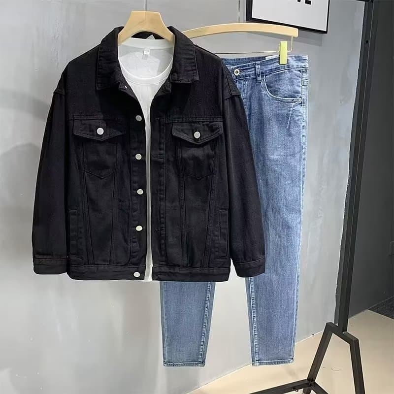 Jaqueta jeans preta para homens, novo estilo primavera e outono, marca moderna, casual e estilosa, corte solto, jaqueta