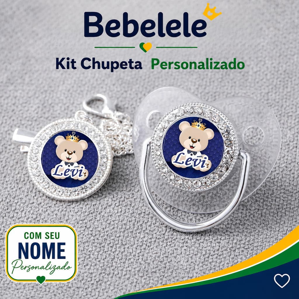 Chupeta de bebê prateada transparente, inclui prendedor de chupeta, nome e foto personalizados
