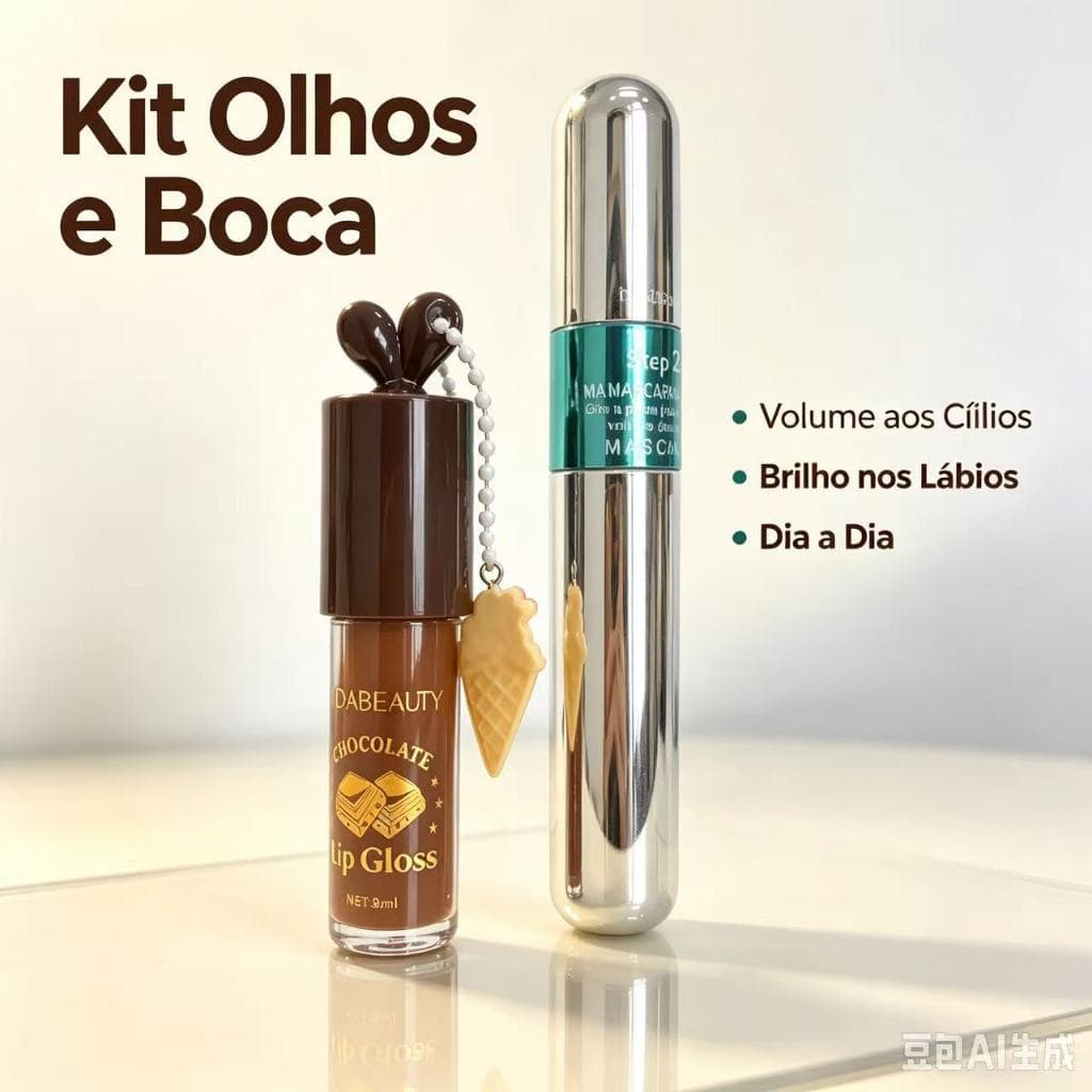 Kit Máscara para Cílios 2 em 1 Dupla Ponta Volume Alongamento + Gloss Labial Chocolate Hidratante