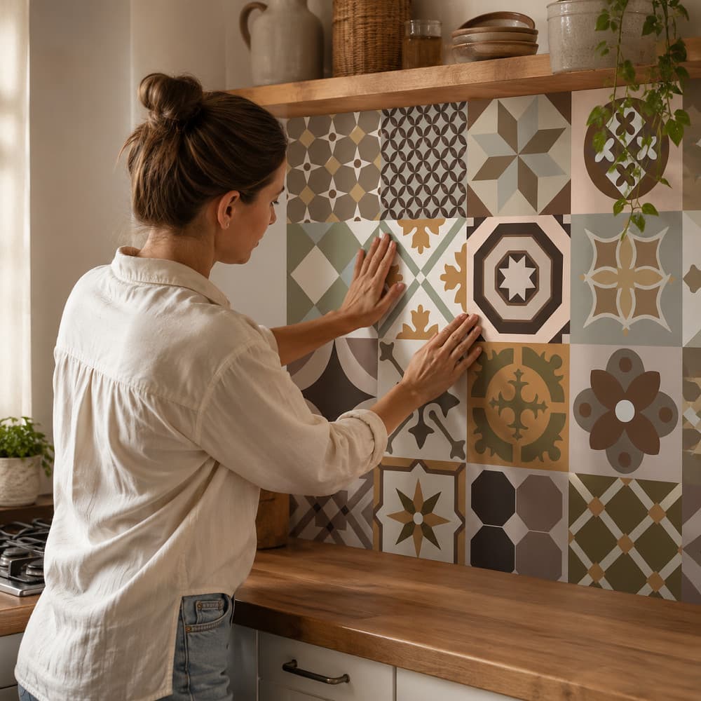 Papel de Parede Adesivo para Cozinha Lavável e Impermeável Estampa Azulejo Meia Parede