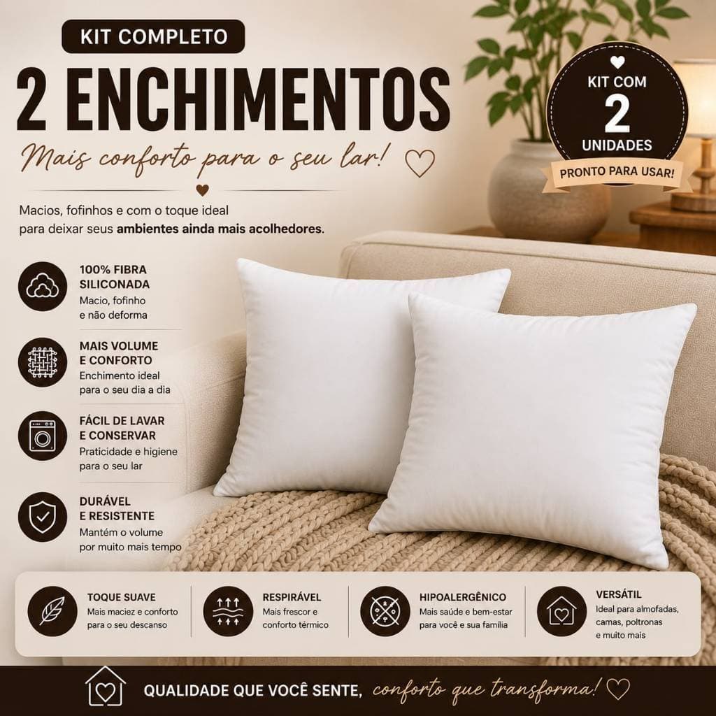 Kit 2 Almofada Refil Enchimento 45x45 Para Sofá Lavável Extra Conforto Antialérgico - Envio Imediato